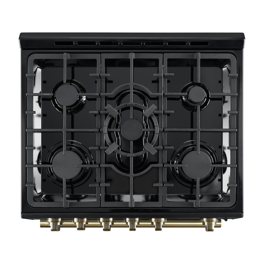 Forno 3-Piece Appliance Package - 30-Inch Gas Range, Under Cabinet Range Hood, and Refrigerator in Black with Antique Brass Trim