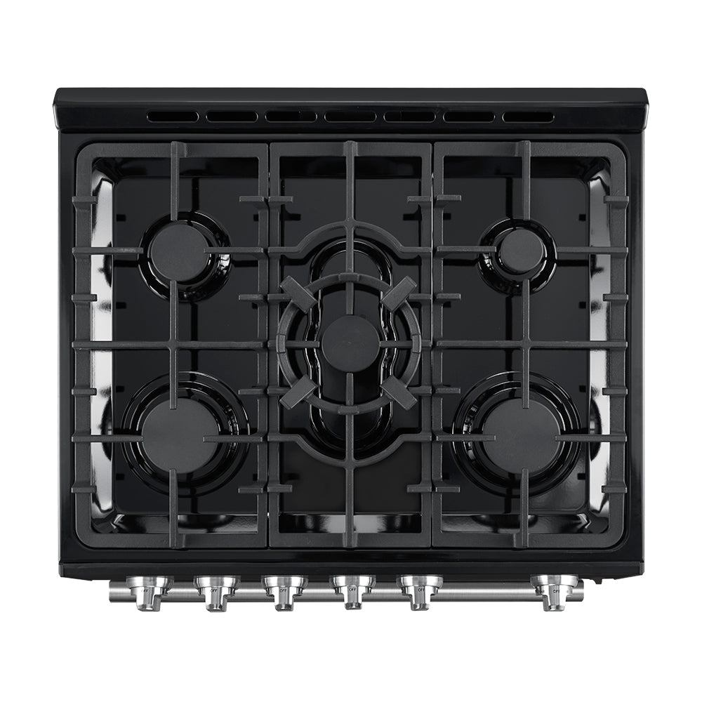Forno 5-Piece Appliance Package - 30-Inch Gas Range, Under Cabinet Range Hood, Refrigerator wth Water Dispenser, Dishwasher, and 30-Inch Microwave Drawer in Black with Stainless Steel Trim