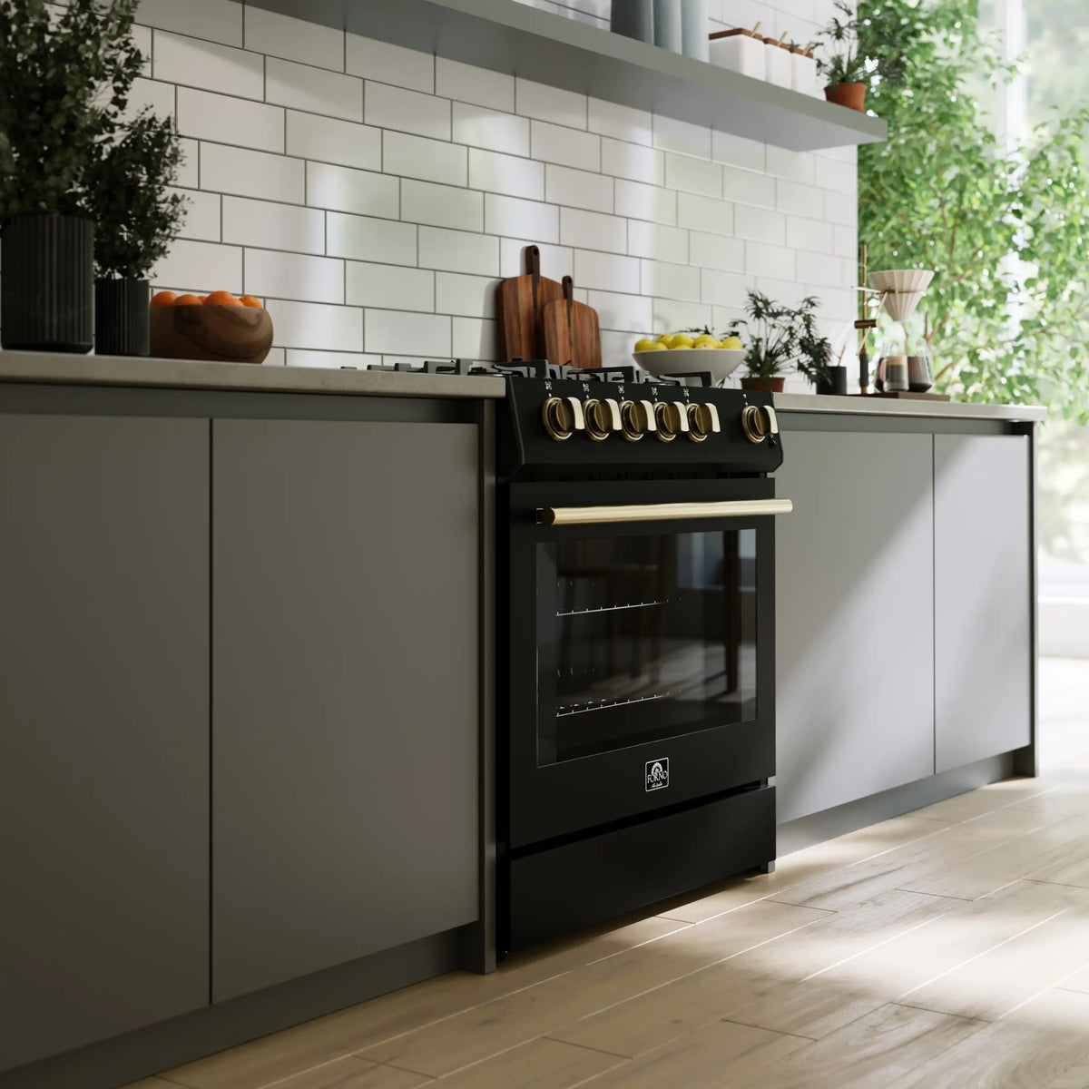 Forno 4-Piece Appliance Package - 30-Inch Espresso Gas Range , Wall Mount Range Hood, 60-Inch Built-In Convertible Refrigerator, and Dishwasher in Black with Antique Brass Trim