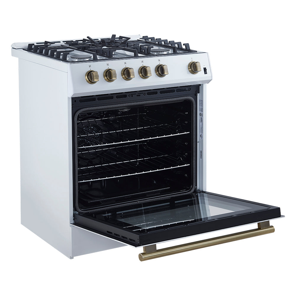 Forno 5-Piece Appliance Package - 30-Inch Gas Range, Under Cabinet Range Hood, Refrigerator with Water Dispenser, Dishwasher, and  Microwave Drawer in  White with Antique Brass Trim