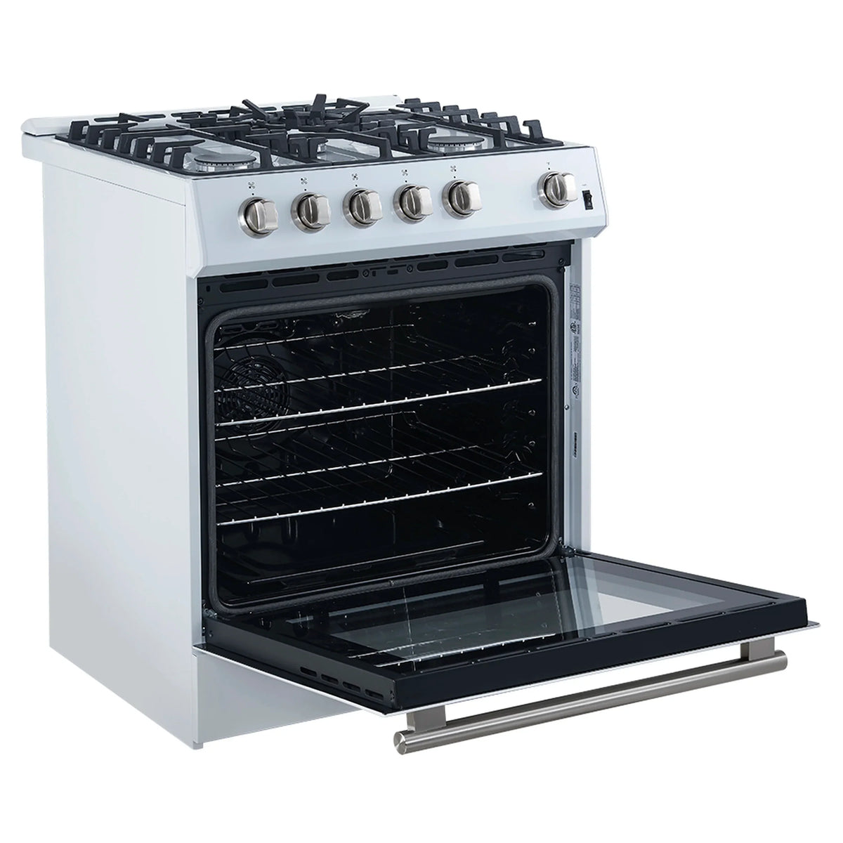 Forno 4-Piece Appliance Package - 30-Inch Espresso Gas Range , Wall Mount Range Hood, 36-Inch French Door Refrigerator, and Dishwasher in White with Antique Brass Trim