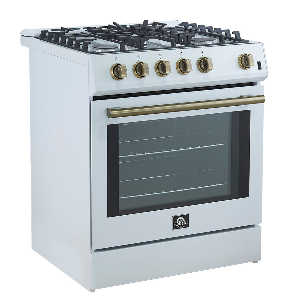 Forno 2-Piece Appliance Package - 30-Inch Gas Range & Refrigerator in White with Antique Brass Trim