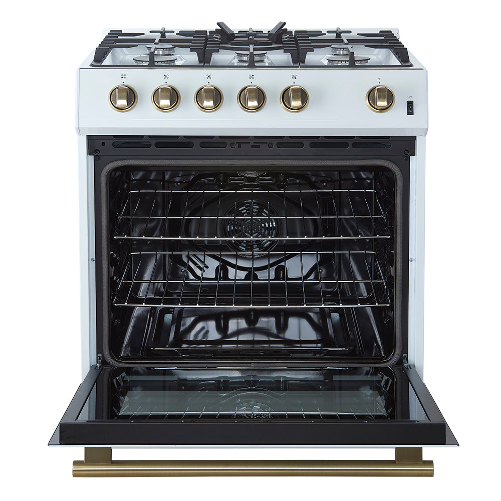 Forno 5-Piece Appliance Package - 30-Inch Gas Range, Under Cabinet Range Hood,  French Door Refrigerator, Dishwasher, and  Microwave Drawer in White with Antique Brass Trim