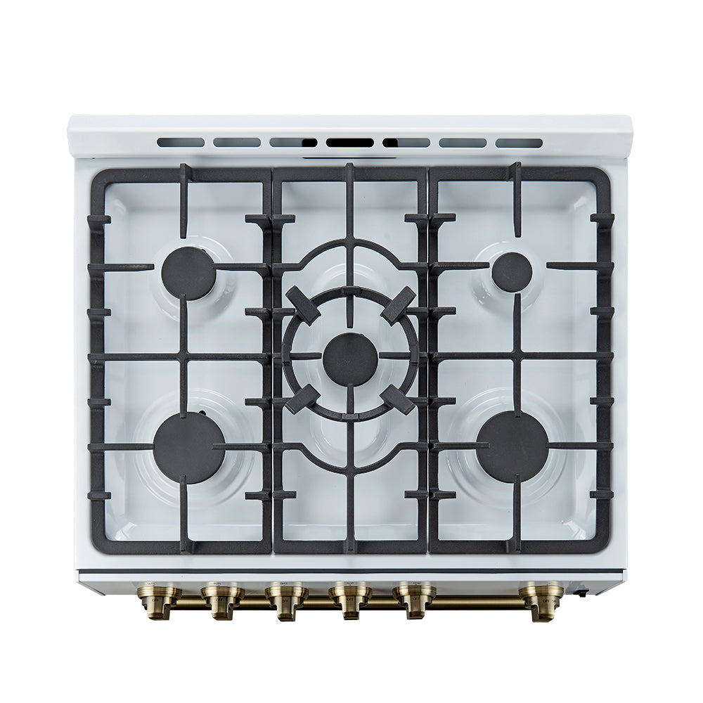 Forno 5-Piece Appliance Package - 30-Inch Gas Range, Under Cabinet Range Hood, Refrigerator with Water Dispenser, Dishwasher, and 30-Inch Microwave Oven in White with Antique Brass Trim