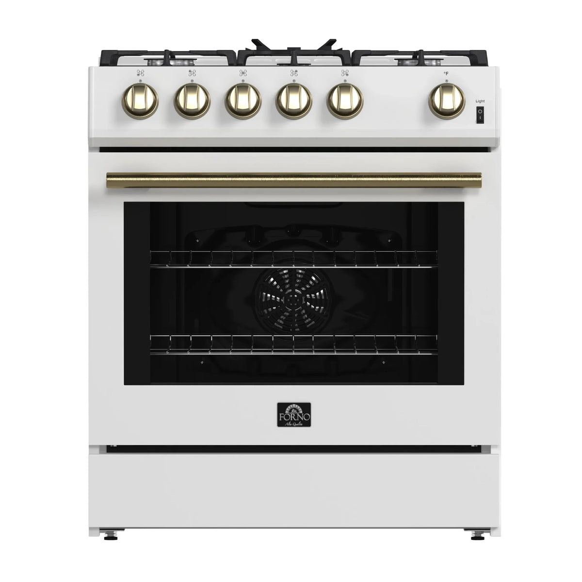 Forno 4-Piece Appliance Package - 30-Inch Espresso Gas Range , Wall Mount Range Hood, 60-Inch Built-In Convertible Refrigerator, and Dishwasher in White with Antique Brass Trim