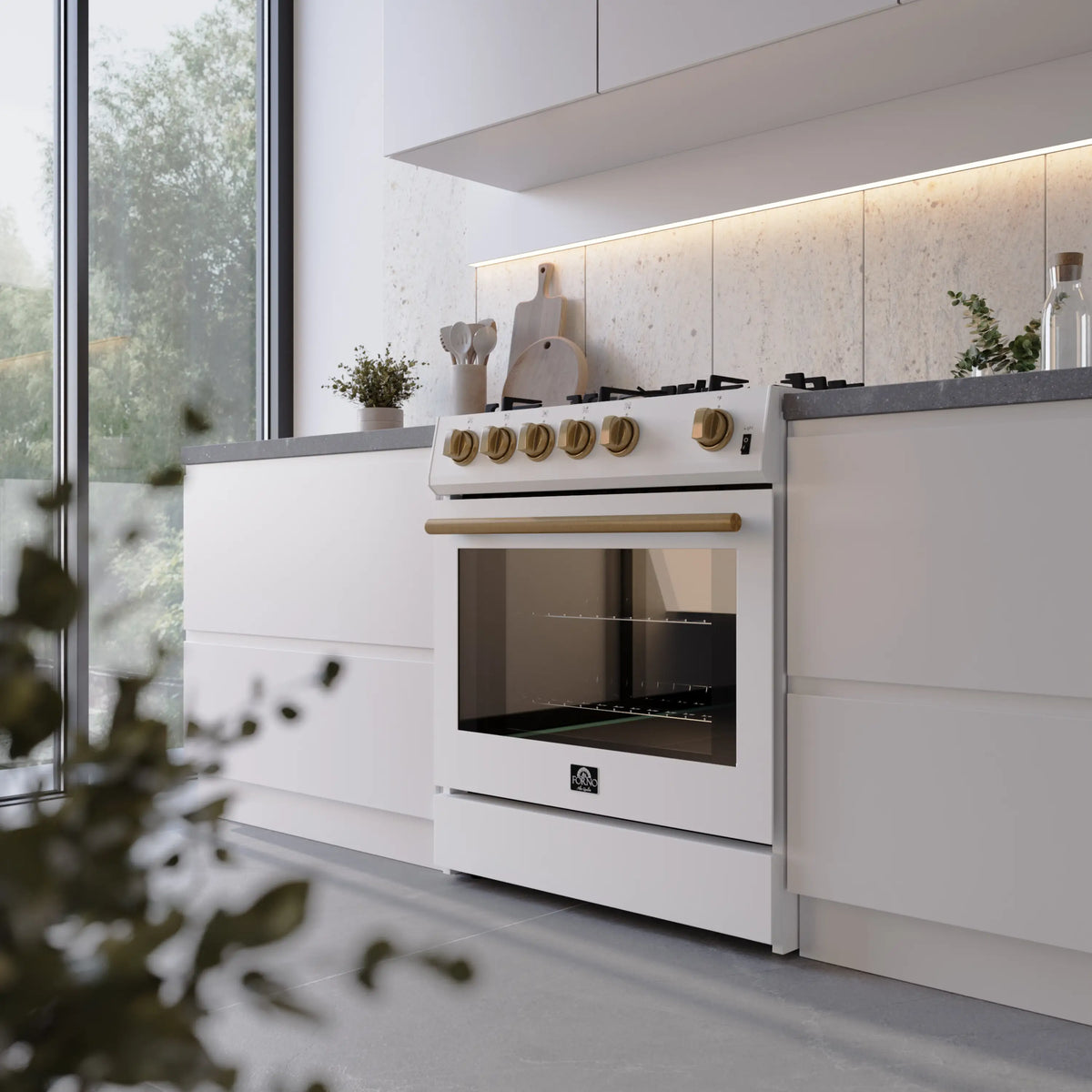 Forno 4-Piece Appliance Package - 30-Inch Espresso Gas Range , Wall Mount Range Hood, 36-Inch French Door Refrigerator, and Dishwasher in White with Antique Brass Trim