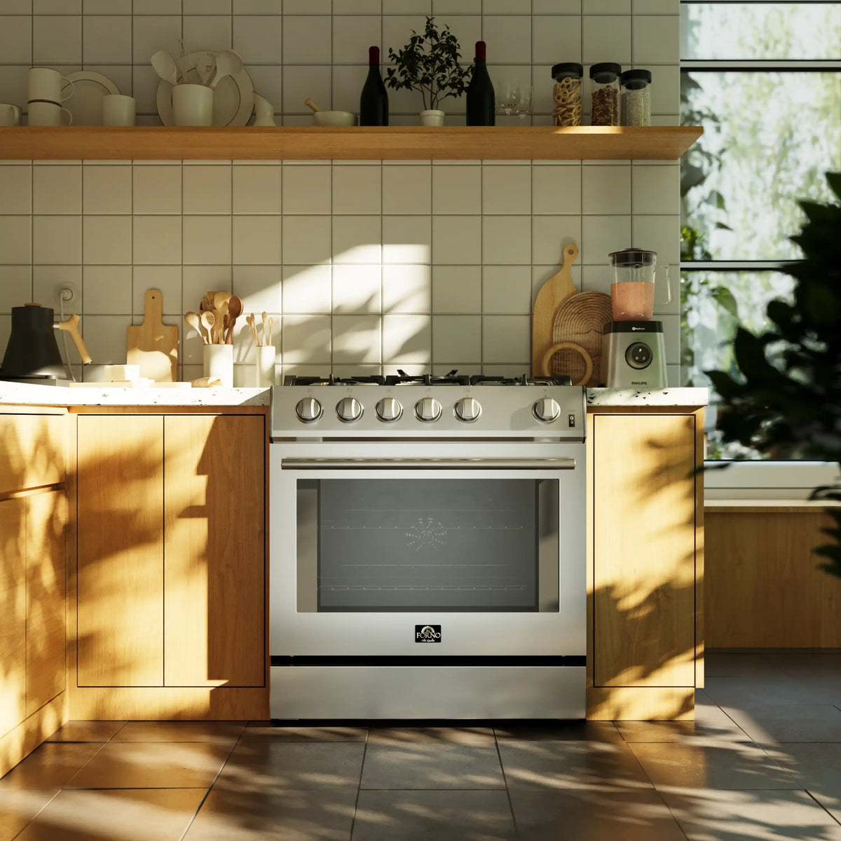 Forno 4-Piece Appliance Package - 30-Inch Espresso Gas Range , Wall Mount Range Hood, 36-Inch French Door Refrigerator, and Dishwasher in Stainless Steel