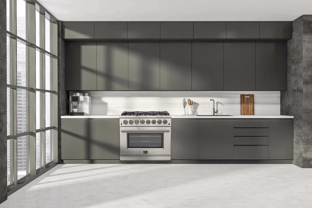 Forno 4-Piece Pro Appliance Package - 36-Inch Dual Fuel Range, 60-Inch Pro-Style Refrigerator, Wall Mount Hood, & 3-Rack Dishwasher in Stainless Steel