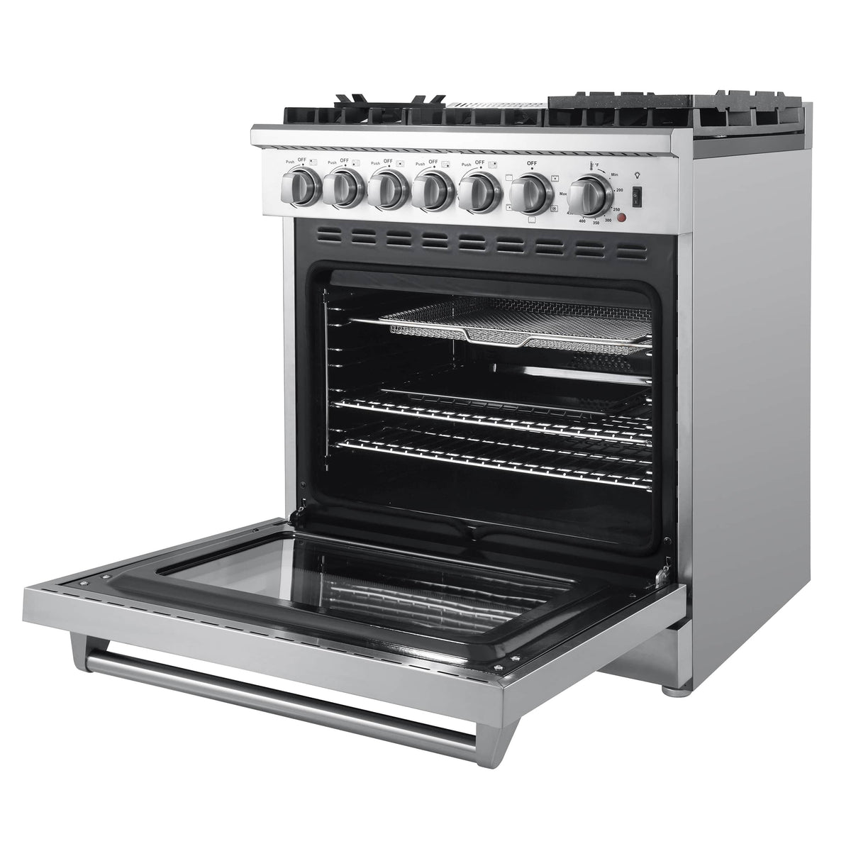 Forno 5-Piece Appliance Package - 30-Inch Dual Fuel Range with Air Fryer, 60-Inch Pro-Style Refrigerator, Wall Mount Hood with Backsplash, 24-Inch Microwave Oven, & 3-Rack Dishwasher in Stainless Steel