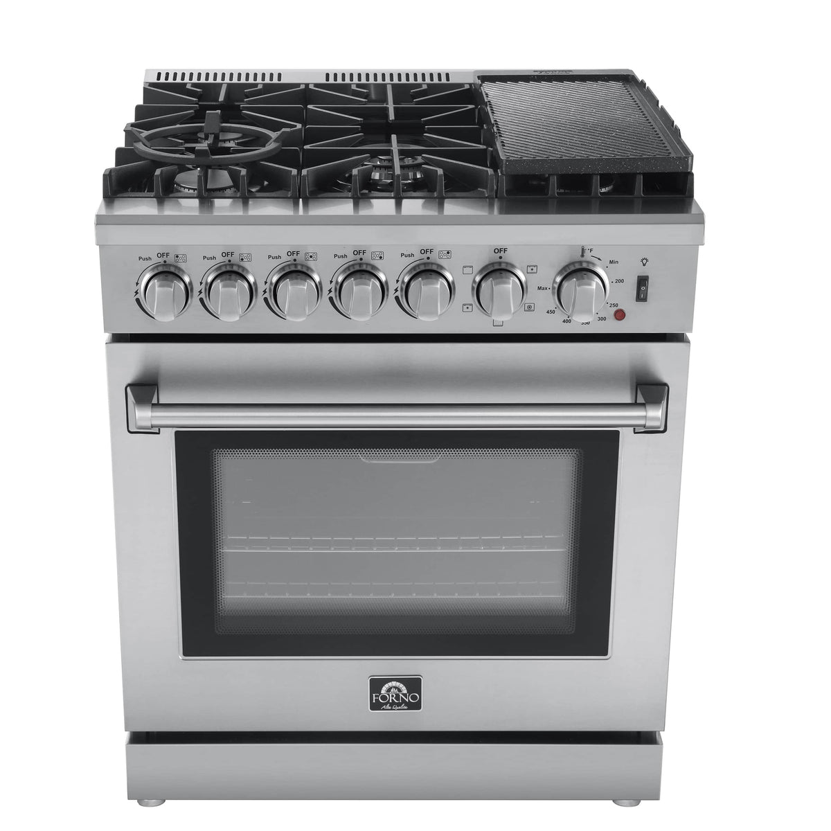 Forno 3-Piece Appliance Package - 30-Inch Dual Fuel Range with Air Fryer, 60-Inch Pro-Style Refrigerator & Wall Mount Hood in Stainless Steel