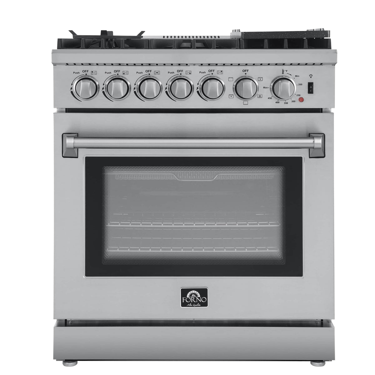 Forno 5-Piece Appliance Package - 30-Inch Dual Fuel Range with Air Fryer, 60-Inch Pro-Style Refrigerator, Wall Mount Hood with Backsplash, 24-Inch Microwave Oven, & 3-Rack Dishwasher in Stainless Steel