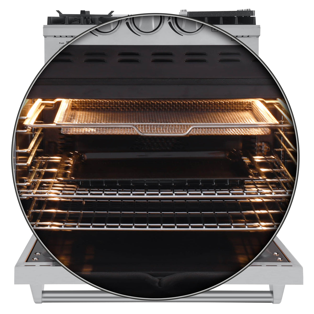 Forno 5-Piece Appliance Package - 30-Inch Dual Fuel Range with Air Fryer, 60-Inch Pro-Style Refrigerator, Wall Mount Hood with Backsplash, 24-Inch Microwave Oven, & 3-Rack Dishwasher in Stainless Steel