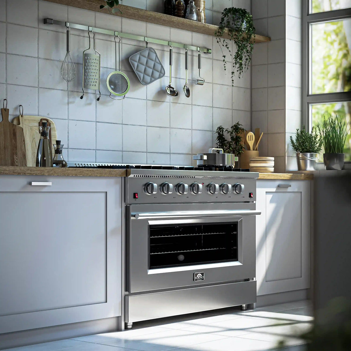 Forno 3-Piece Appliance Package - 36-Inch Gas Range, 60-Inch Pro-Style Refrigerator & Wall Mount Hood with Backsplash in Stainless Steel