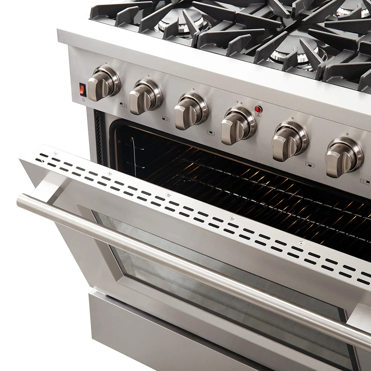 Forno 5-Piece Appliance Package - 36-Inch Gas Range, 60-Inch Pro-Style Refrigerator, Wall Mount Hood with Backsplash, 24-Inch Microwave Drawer, & 3-Rack Dishwasher in Stainless Steel