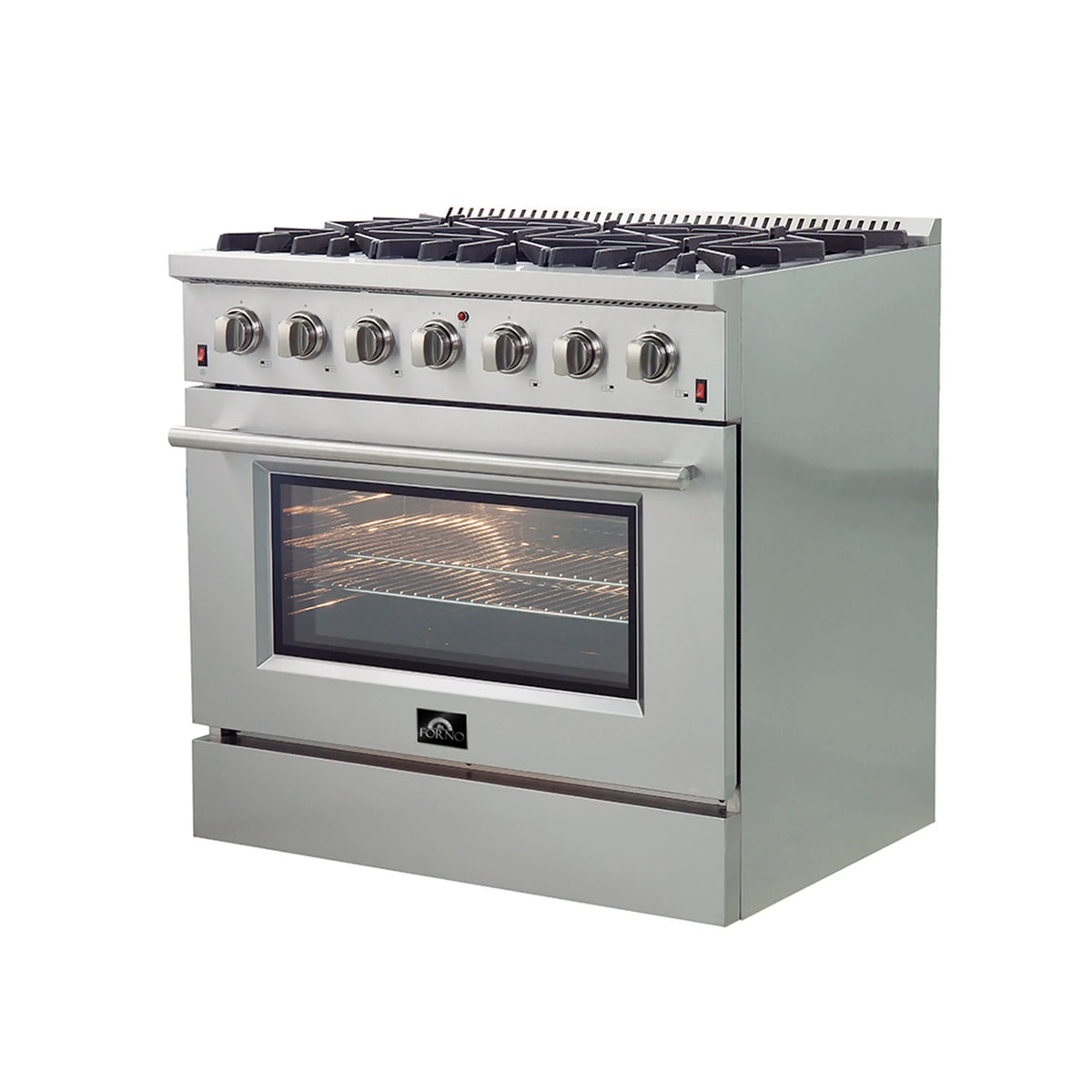 Forno 5-Piece Appliance Package - 36-Inch Gas Range, Refrigerator, Wall Mount Hood, 24-Inch Microwave Drawer, & 3-Rack Dishwasher in Stainless Steel