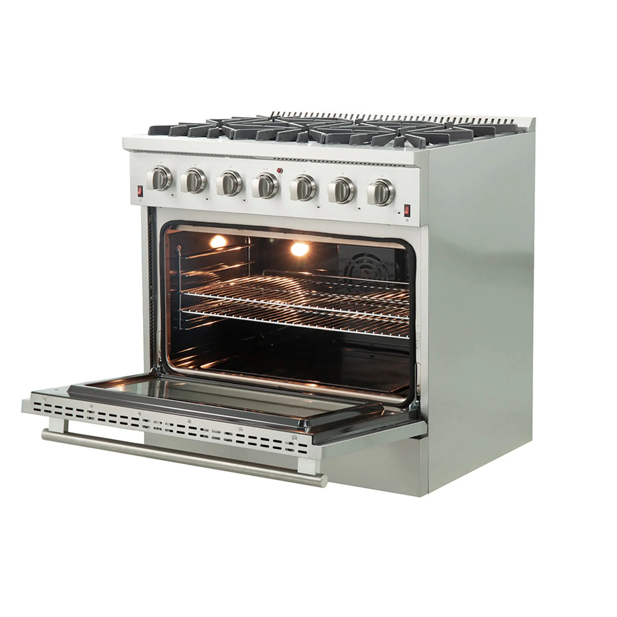 Forno 5-Piece Appliance Package - 36-Inch Gas Range, 60-Inch Pro-Style Refrigerator, Wall Mount Hood with Backsplash, 24-Inch Microwave Oven, & 3-Rack Dishwasher in Stainless Steel