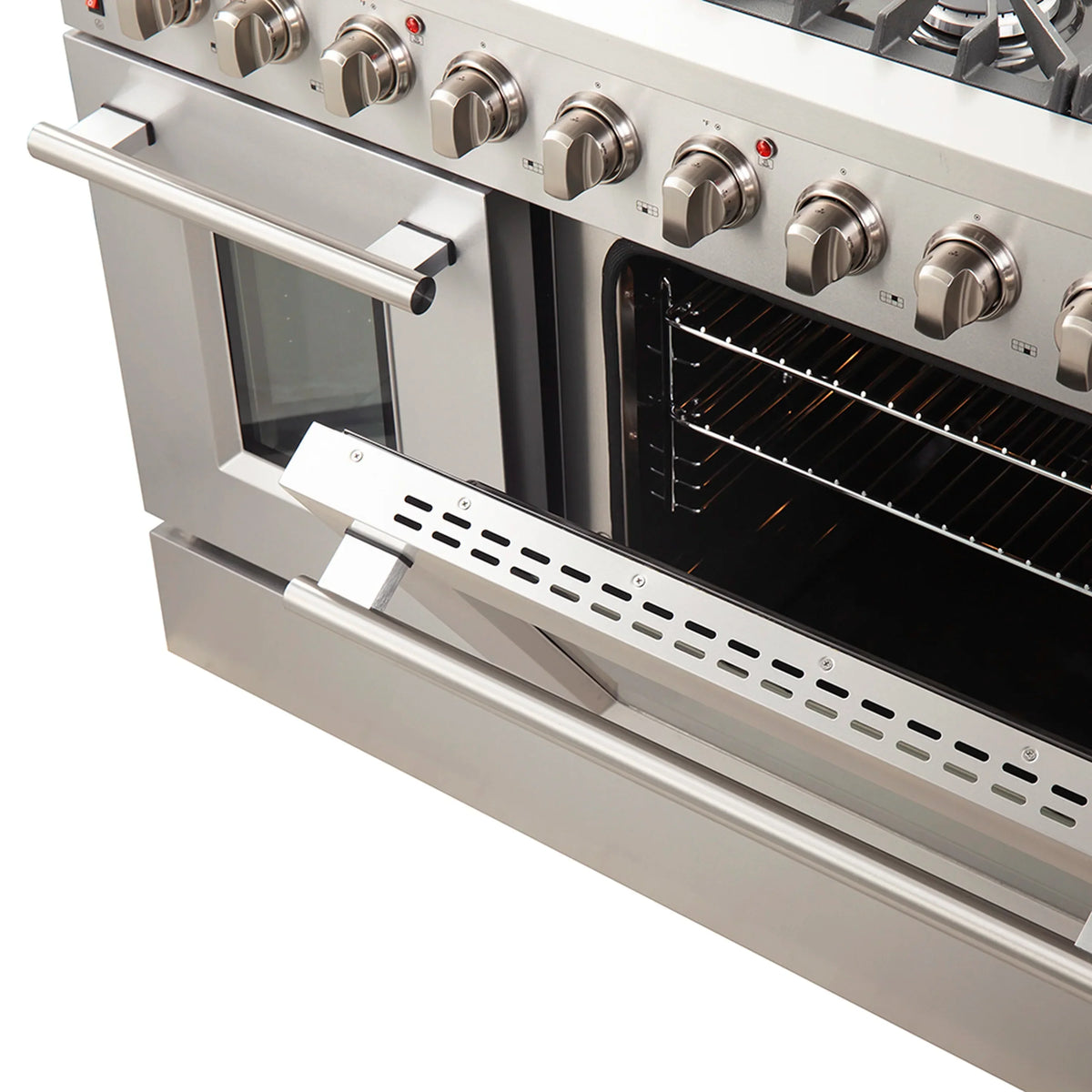 Forno 5-Piece Appliance Package - 48-Inch Gas Range, 60-Inch Pro-Style Refrigerator, Wall Mount Hood with Backsplash, 24-Inch Microwave Oven, & 3-Rack Dishwasher in Stainless Steel