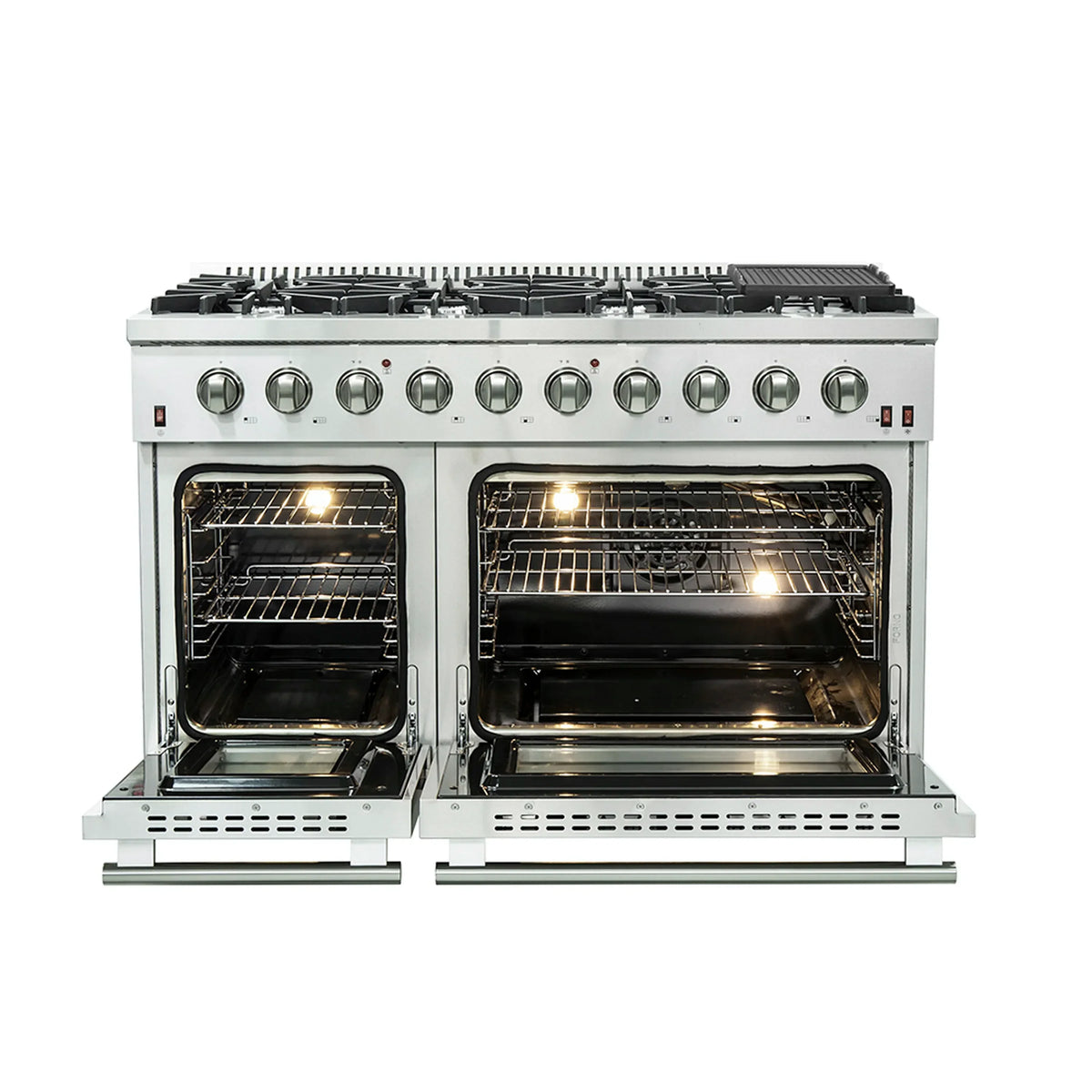 Forno 5-Piece Appliance Package - 48-Inch Gas Range, 60-Inch Pro-Style Refrigerator, Wall Mount Hood with Backsplash, 24-Inch Microwave Oven, & 3-Rack Dishwasher in Stainless Steel