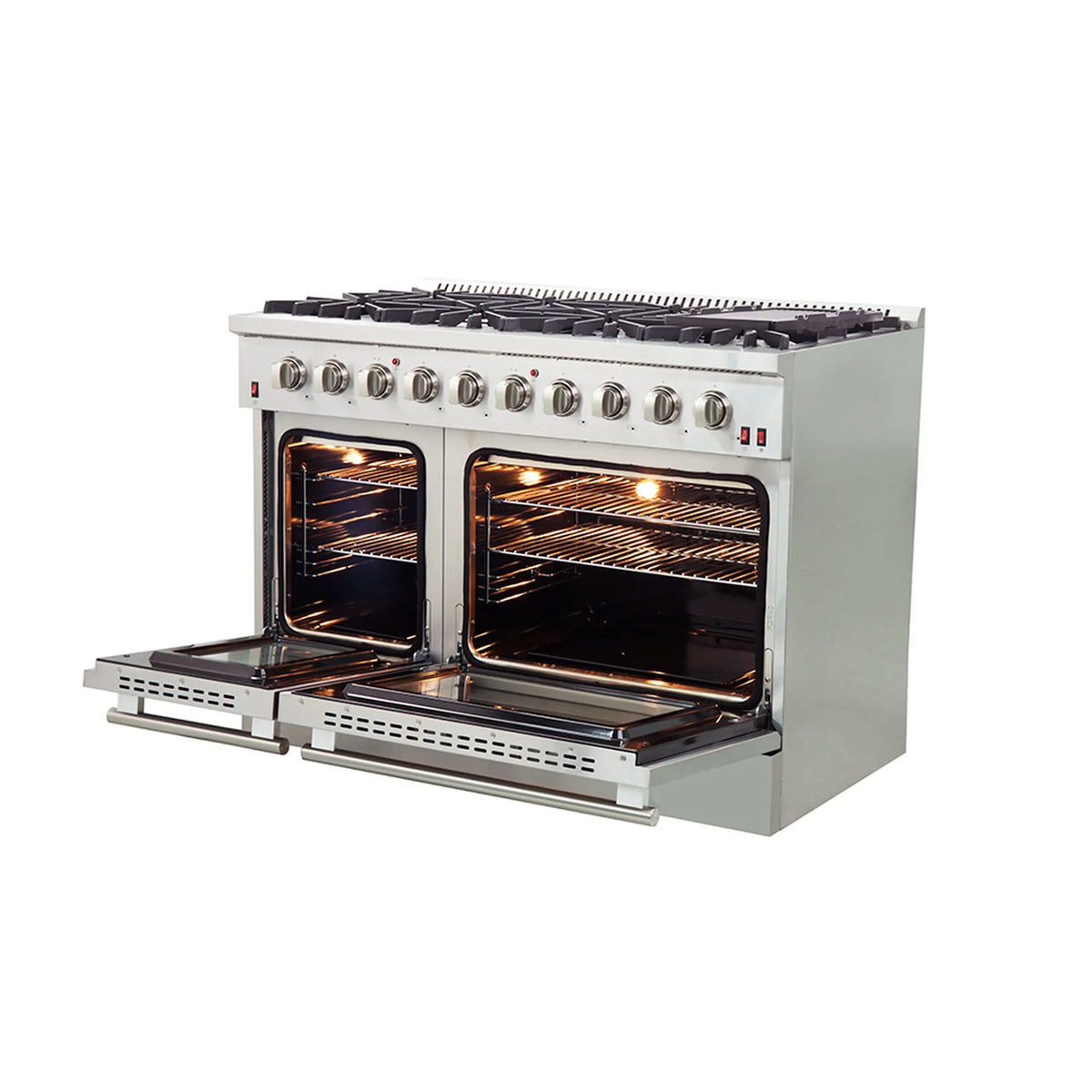 Forno 5-Piece Appliance Package - 48-Inch Gas Range, 60-Inch Pro-Style Refrigerator, Wall Mount Hood, 24-Inch Microwave Drawer, & 3-Rack Dishwasher in Stainless Steel