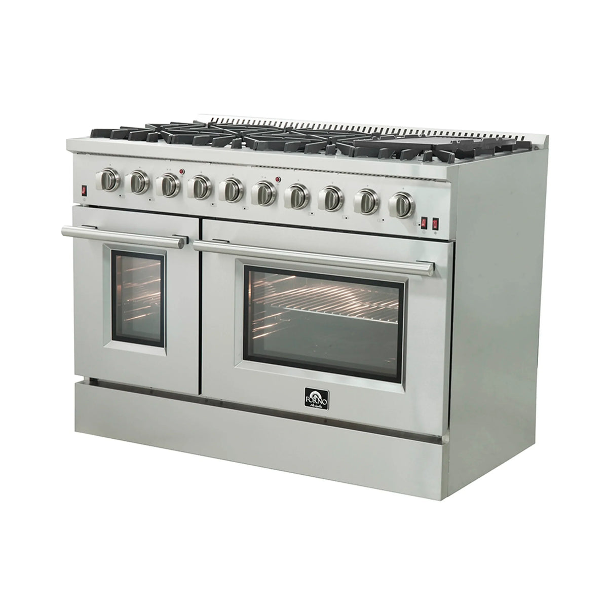 Forno 5-Piece Appliance Package - 48-Inch Gas Range, 60-Inch Pro-Style Refrigerator, Wall Mount Hood with Backsplash, 24-Inch Microwave Oven, & 3-Rack Dishwasher in Stainless Steel