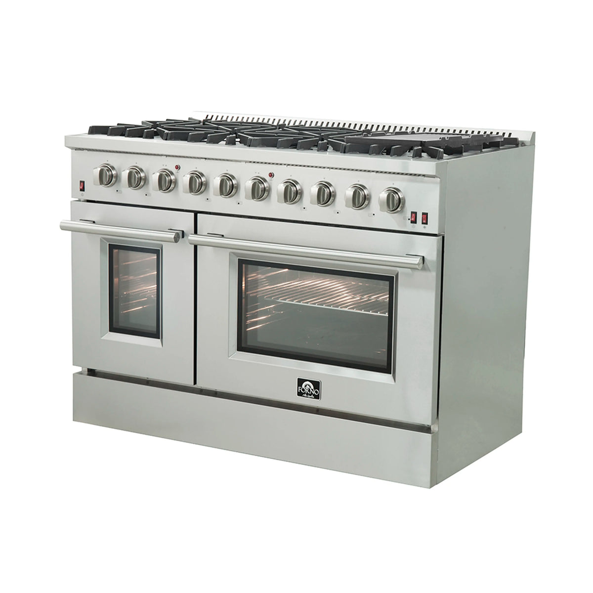Forno 5-Piece Appliance Package - 48-Inch Gas Range, Refrigerator with Water Dispenser, Wall Mount Hood with Backsplash, 24-Inch Microwave Oven, & 3-Rack Dishwasher in Stainless Steel