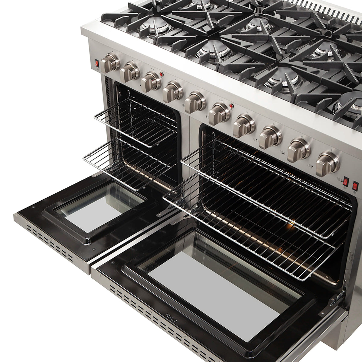 Forno 5-Piece Appliance Package - 48-Inch Gas Range, 60-Inch Pro-Style Refrigerator, Wall Mount Hood with Backsplash, 24-Inch Microwave Drawer, & 3-Rack Dishwasher in Stainless Steel