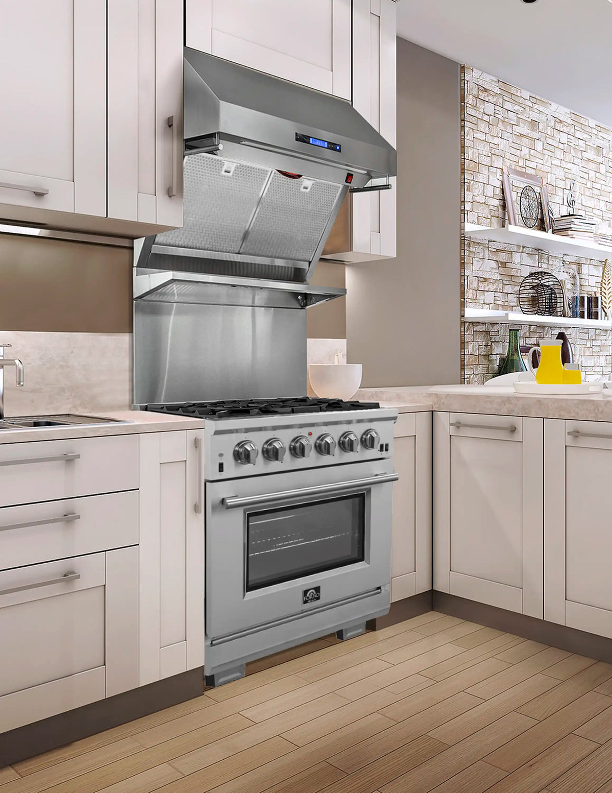Forno 5-Piece Pro Appliance Package - 30-Inch Gas Range, 60-Inch Pro-Style Refrigerator, Wall Mount Hood with Backsplash, 24-Inch Microwave Oven, & 3-Rack Dishwasher in Stainless Steel