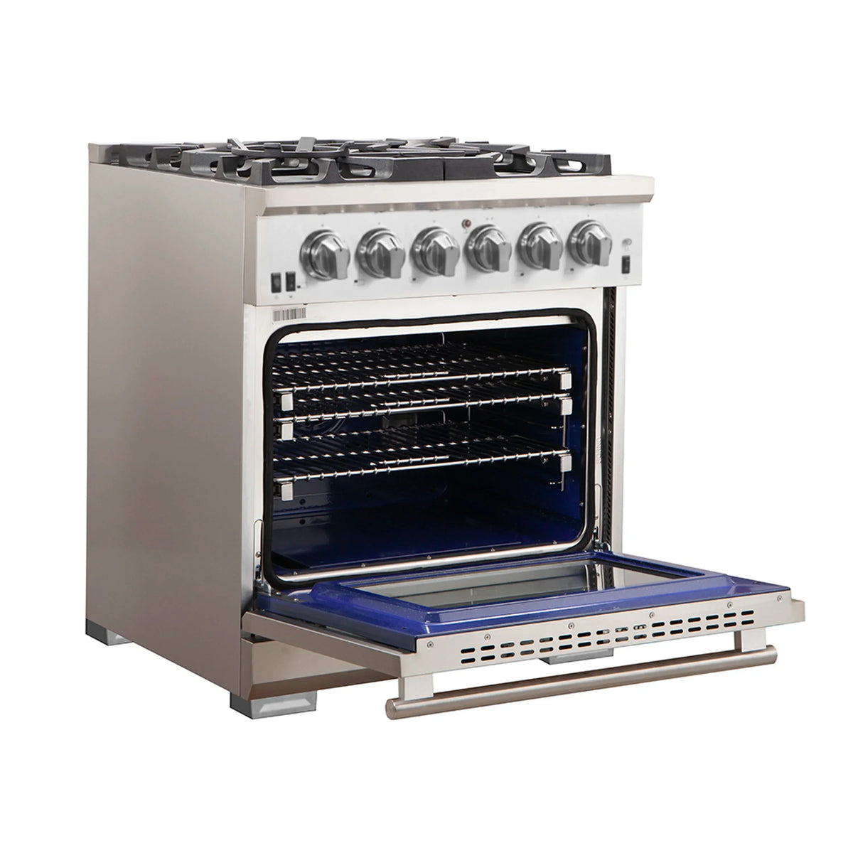 Forno 4-Piece Pro Appliance Package - 30-Inch Gas Range, 60-Inch Pro-Style Refrigerator, Wall Mount Hood, & 3-Rack Dishwasher in Stainless Steel