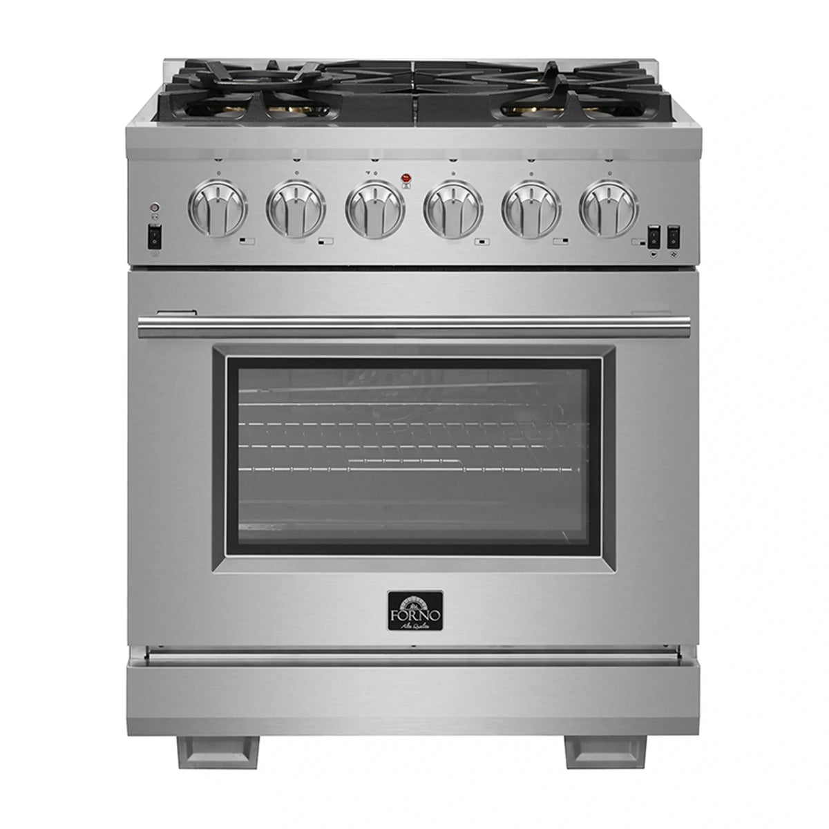 Forno 4-Piece Pro Appliance Package - 30-Inch Gas Range, 60-Inch Pro-Style Refrigerator, Wall Mount Hood, & 3-Rack Dishwasher in Stainless Steel