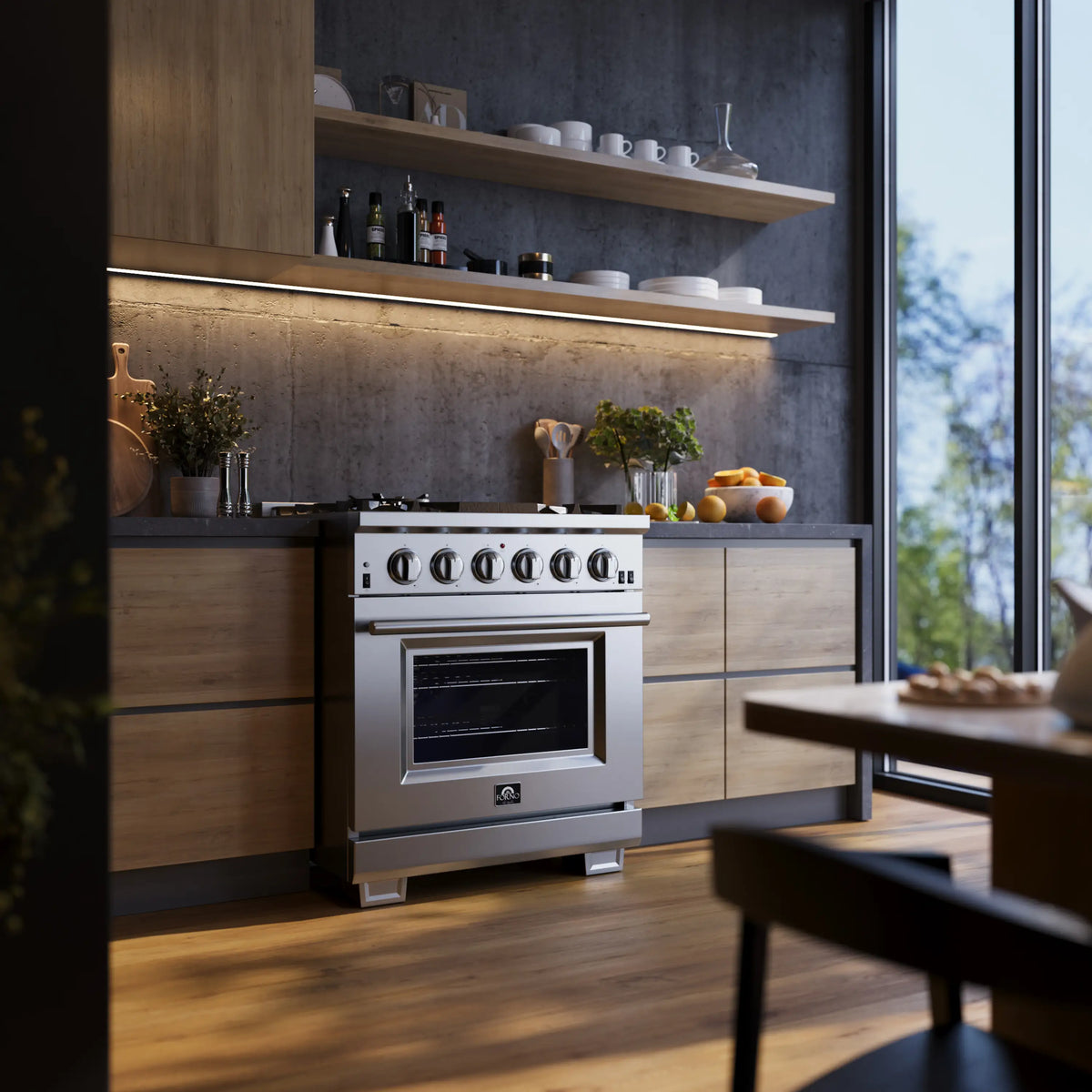 Forno 5-Piece Pro Appliance Package - 30-Inch Gas Range, 60-Inch Pro-Style Refrigerator, Wall Mount Hood with Backsplash, 24-Inch Microwave Oven, & 3-Rack Dishwasher in Stainless Steel