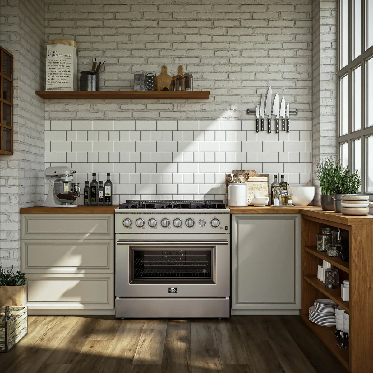 Forno 3-Piece Appliance Package - 36-Inch Marco Gas Range, French Door Refrigerator, & Dishwasher in Stainless Steel (FBDL-009-01CAUS)