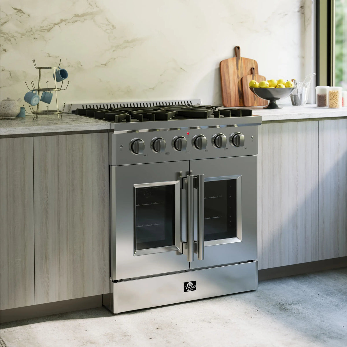 Forno 5-Piece Appliance Package - 30-inch Gas Range, Hood, Refrigerator, Dishwasher and 30-Inch Microwave Oven in Stainless Steel