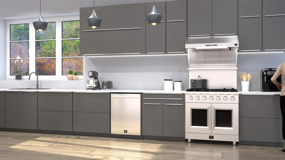 Forno 5-Piece Appliance Package - 36-inch Gas Range, Hood, Refrigerator, Dishwasher and 24-Inch Microwave Drawer in Stainless Steel