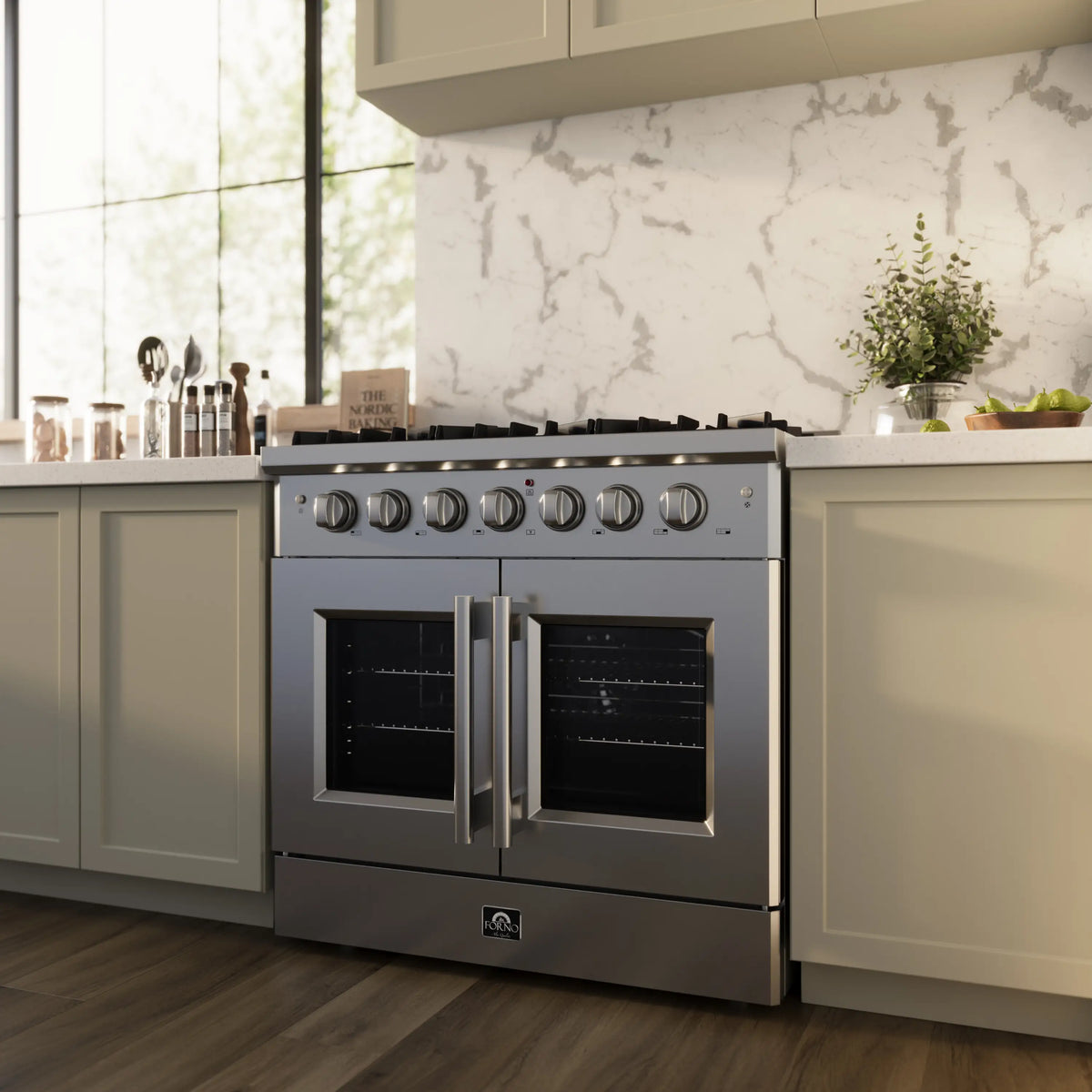 Forno 5-Piece Appliance Package - 36-inch Gas Range, Hood, Refrigerator, Dishwasher and 24-Inch Microwave Oven in Stainless Steel