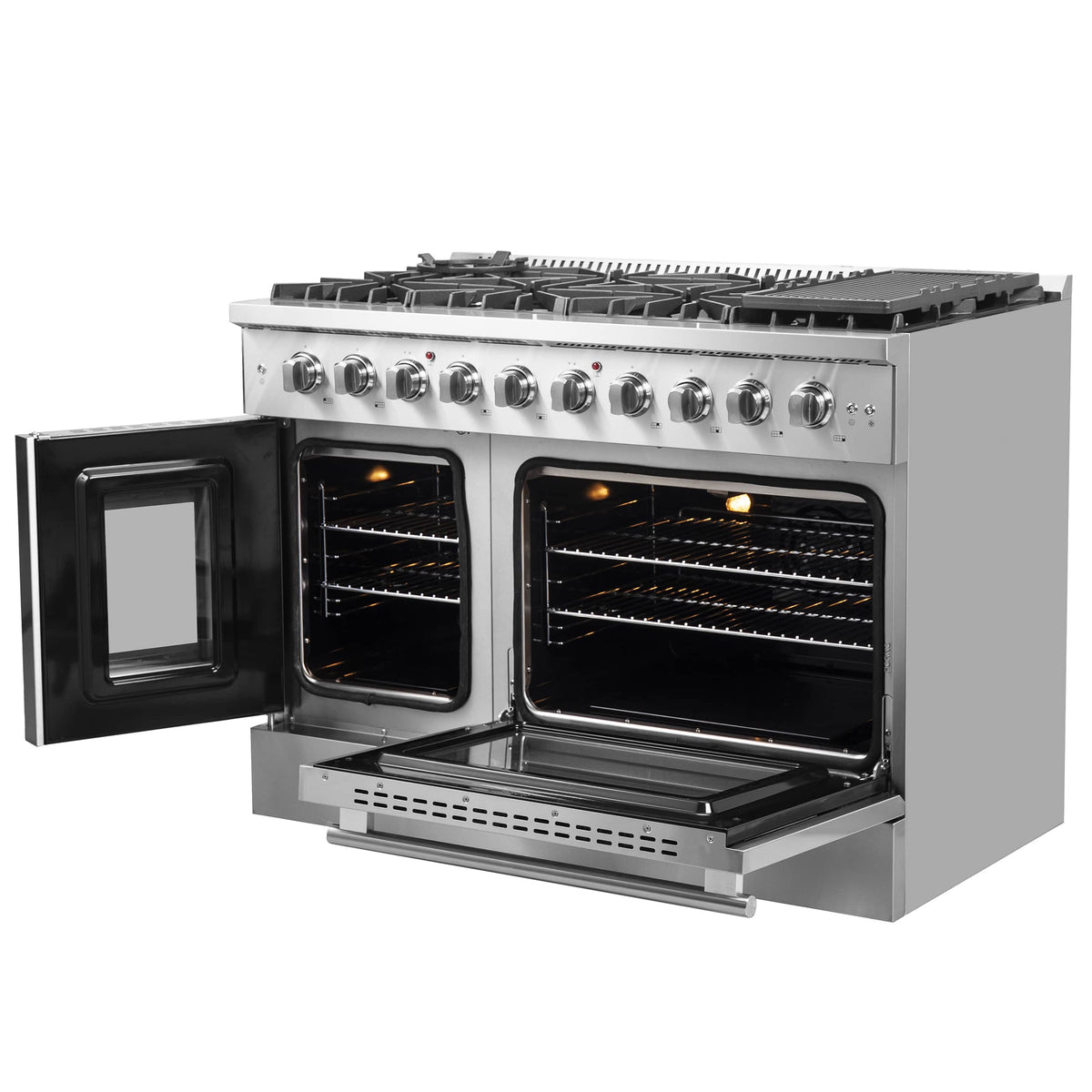 Forno 5-Piece Appliance Package - 48-inch Gas Range, Hood, Refrigerator, Dishwasher and 30-Inch Microwave Drawer in Stainless Steel