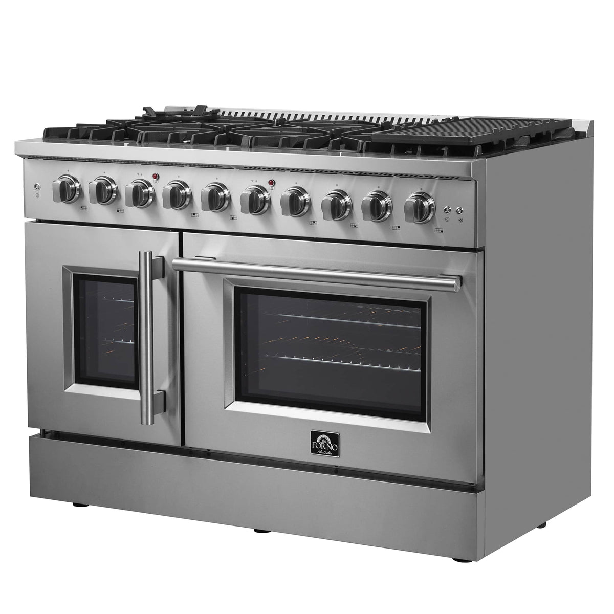 Forno 5-Piece Appliance Package - 48-inch Gas Range, Hood, Refrigerator, Dishwasher and 24-Inch Microwave Oven in Stainless Steel