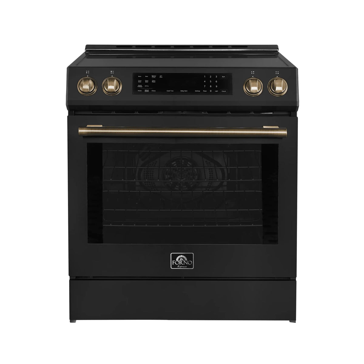 Forno 5-Piece Appliance Package - 30-Inch Induction Range, Under Cabinet Range Hood, Refrigerator, Dishwasher, and 24-Inch Microwave Drawer in Black with Antique Brass Trim