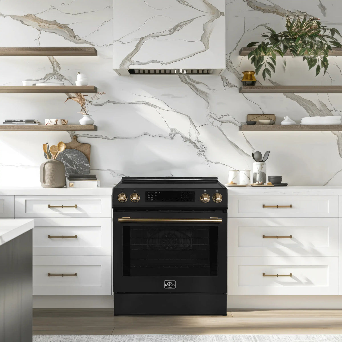 Forno 5-Piece Appliance Package - 30-Inch Induction Range, Under Cabinet Range Hood, Refrigerator, Dishwasher, and 24-Inch Microwave Drawer in Black with Antique Brass Trim