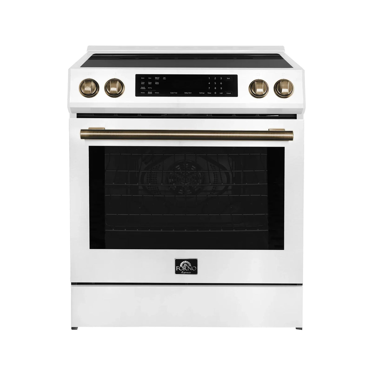 Forno Espresso 3-Piece Appliance Package - 30-Inch Induction Range, Refrigerator and Dishwasher in White with Antique Brass Trim