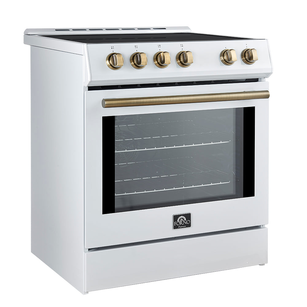 Forno 5-Piece Appliance Package - 30-Inch Inducton Range, Under Cabinet Range Hood, Refrigerator with Water Dispenser, Dishwasher, and  24-Inch Microwave Oven in White with Antique Brass Trim