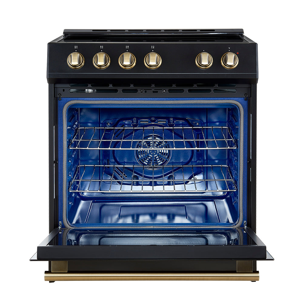 Forno Leonardo Espresso 30-Inch Induction Range in Black with Antique Brass Trim (FFSIN0982-30BLK)