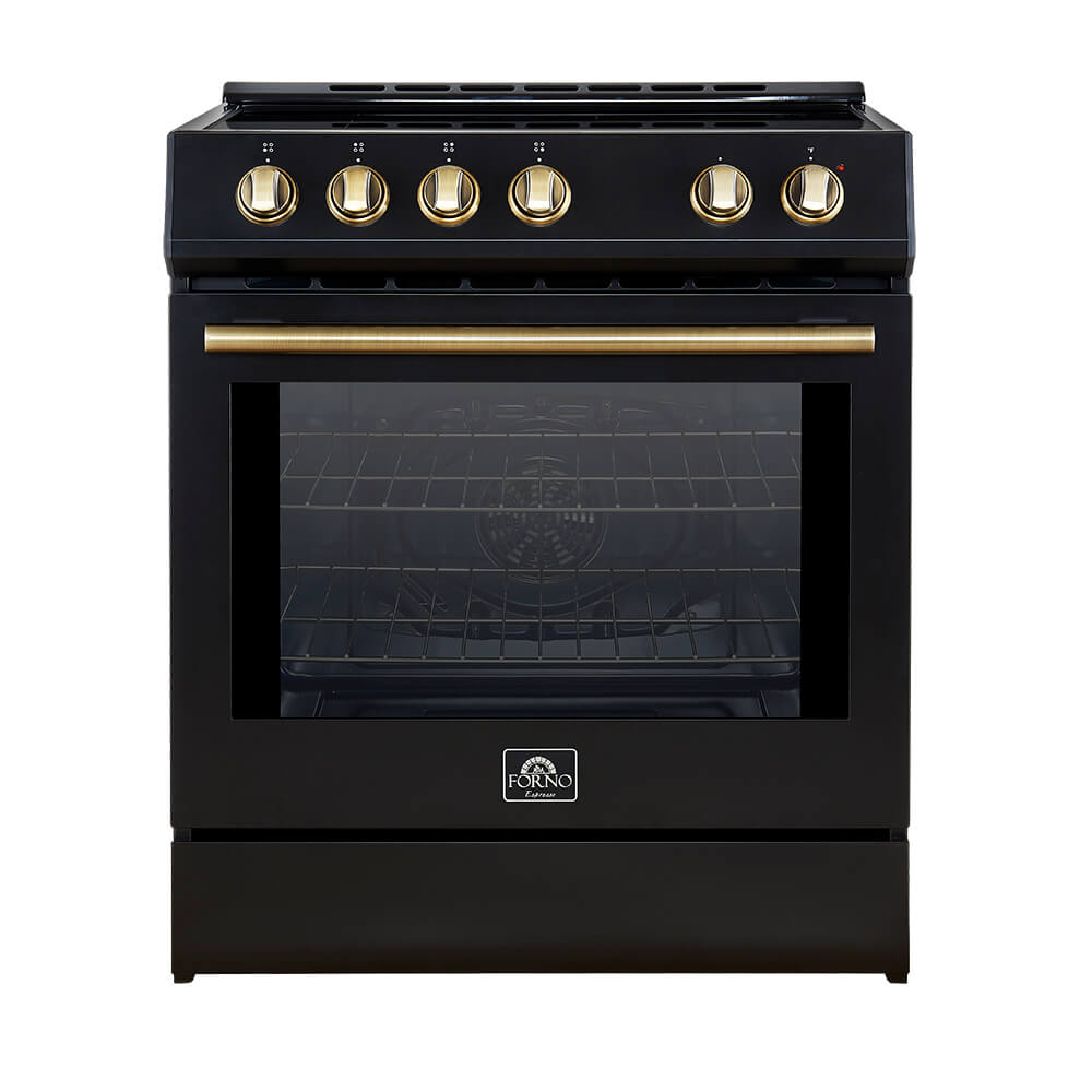Forno 5-Piece Appliance Package - 30-Inch Inducton Range, Under Cabinet Range Hood, Refrigerator with Water Dispenser, Dishwasher, and 24-Inch Microwave Oven in Black with Antique Brass Trim