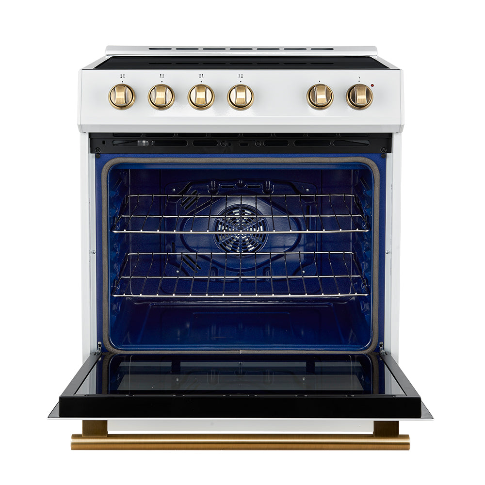 Forno 5-Piece Appliance Package - 30-Inch Inducton Range, Under Cabinet Range Hood, Refrigerator with Water Dispenser, Dishwasher, and  24-Inch Microwave Oven in White with Antique Brass Trim