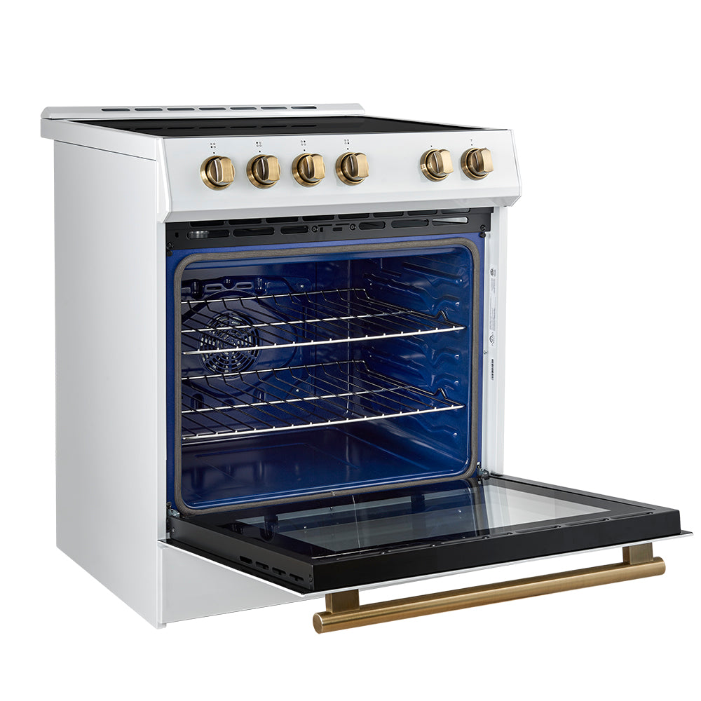 Forno 5-Piece Appliance Package - 30-Inch Inducton Range, Under Cabinet Range Hood, Refrigerator with Water Dispenser, Dishwasher, and  24-Inch Microwave Oven in White with Antique Brass Trim