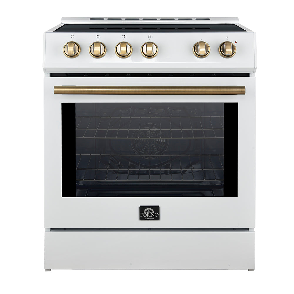 Forno 2-Piece Appliance Package - 30-Inch Induction Range, and Under Cabinet Range Hood in White with Antique Brass Trim