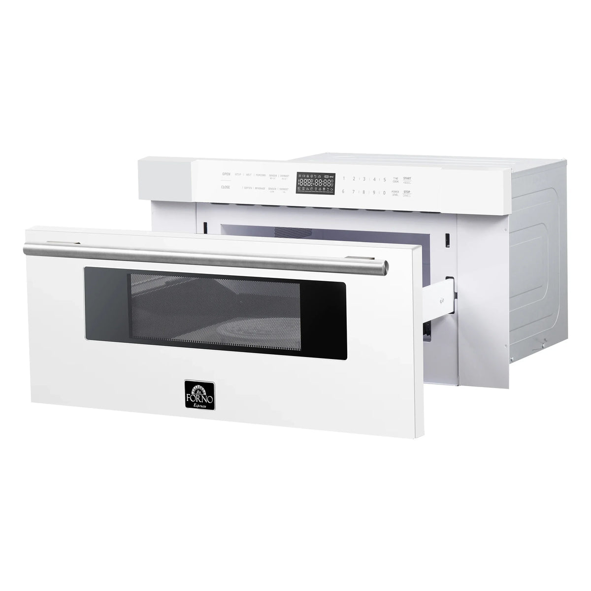 Forno 4-Piece Appliance Package - 36-Inch Galiano Dual Fuel Range, 60-Inch Refrigerator, Dishwasher, & 30-Inch Microwave Drawer in White with Antique Brass Trim