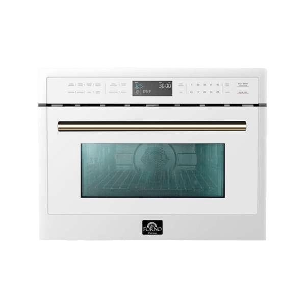 Forno Galiano 5-Piece Appliance Package - 48-Inch Gas Range, 48-Inch Hood, 36-Inch Refrigerator, 24-Inch Dishwasher, & 24-Inch Microwave Oven in White with Antique Brass Trim