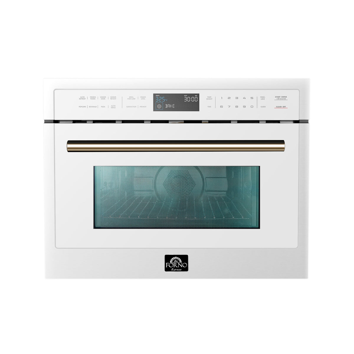 Forno 5-Piece Appliance Package - 30-Inch Electric Range, Under Cabinet Range Hood, French Door Refrigerator, Dishwasher, and 30-Inch Microwave Drawer in White with Antique Brass Trim