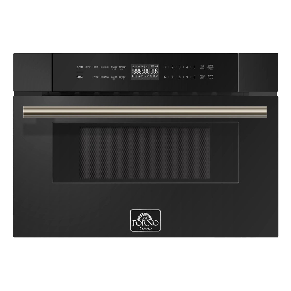 Forno 5-Piece Appliance Package - 30-Inch Induction Range, Under Cabinet Range Hood, Refrigerator with Water Dispenser, Dishwasher, and 30-Inch Microwave Drawer in Black with Antique Brass Trim