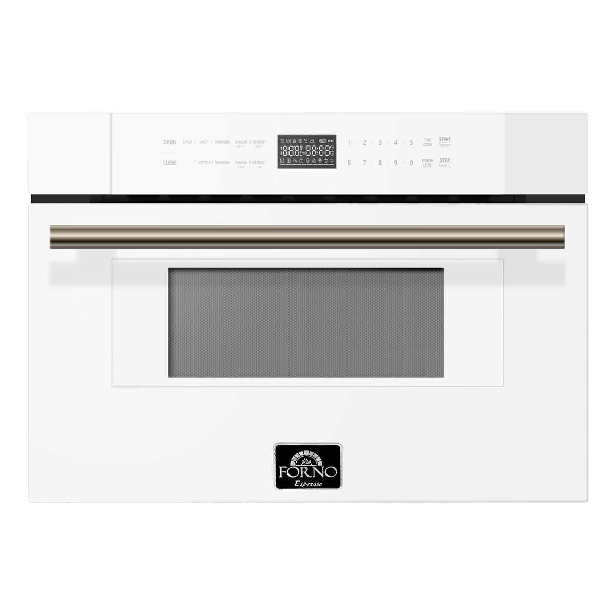Forno 5-Piece Appliance Package - 30-Inch Induction Range, Under Cabinet Range Hood, French Door Refrigerator, Dishwasher, and 30-Inch Microwave Drawer in White with Antique Brass Trim